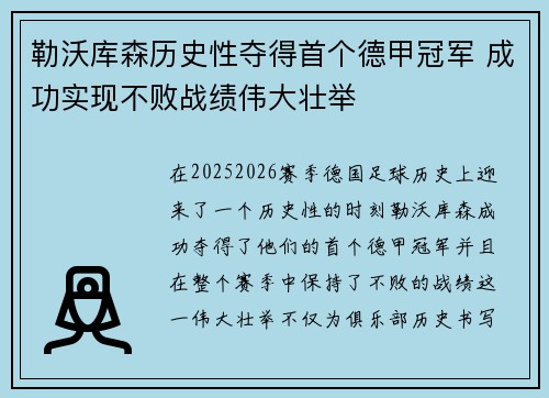 勒沃库森历史性夺得首个德甲冠军 成功实现不败战绩伟大壮举 勒沃库森历史性夺得首个德甲冠军 成功实现不败战绩伟大壮举