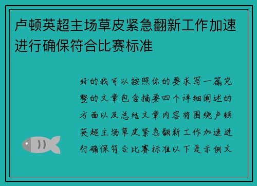 卢顿英超主场草皮紧急翻新工作加速进行确保符合比赛标准 卢顿英超主场草皮紧急翻新工作加速进行确保符合比赛标准