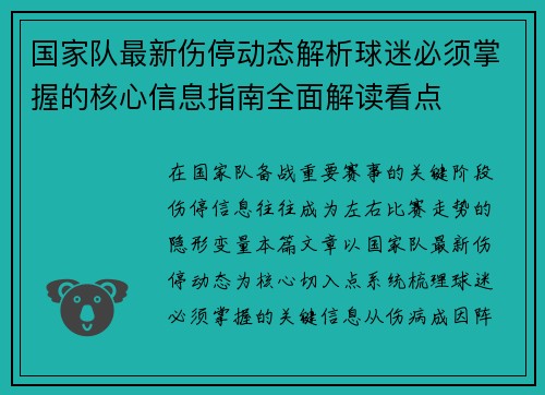 国家队最新伤停动态解析球迷必须掌握的核心信息指南全面解读看点